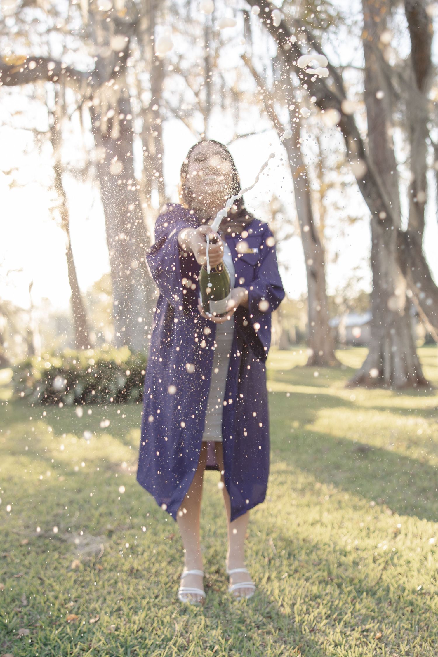Glitter sparkles falling in a dreamy woodland setting during golden hour.