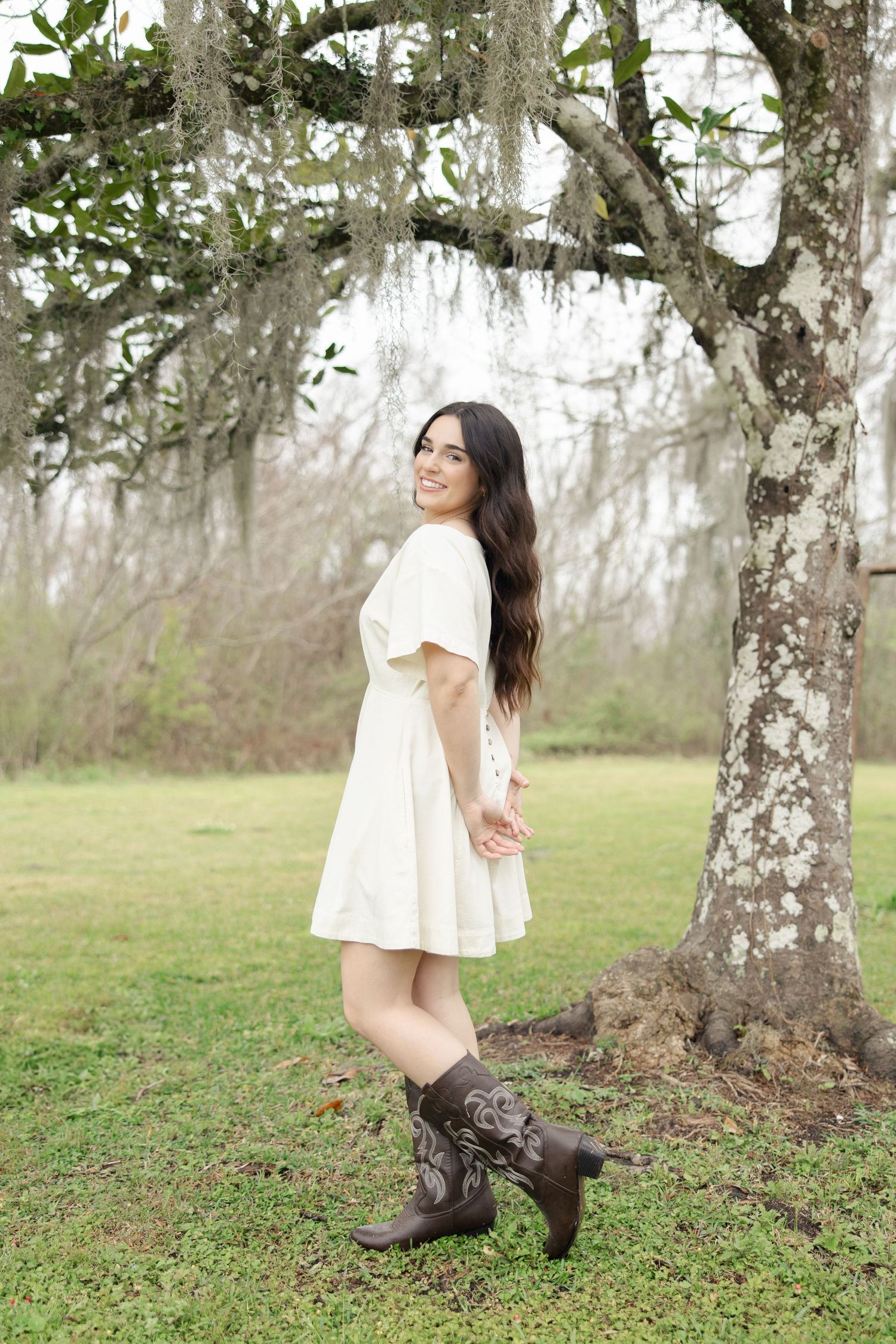 A series of whimsical outdoor photos in a wooded area with sunlit trees and grass.