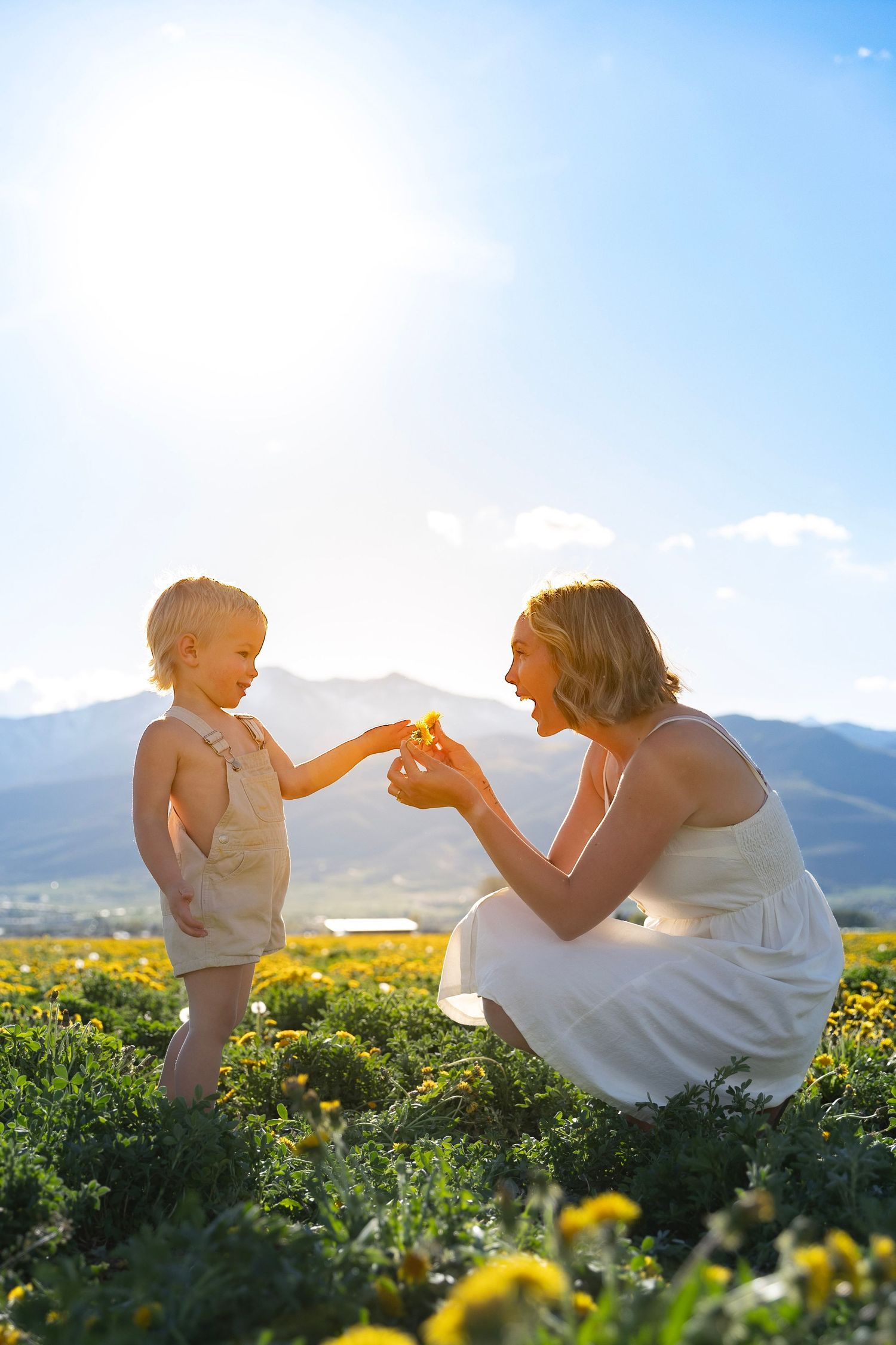Woman in white dress and child interact in mountain meadow filled with yellow flowers.