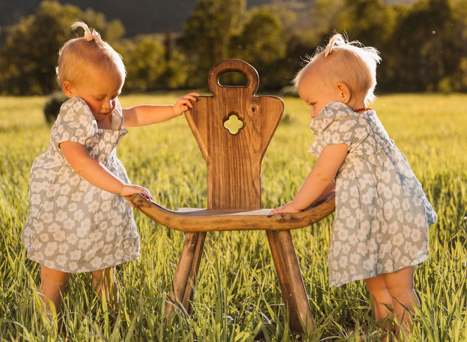 Two small children in matching floral dresses playing on a wooden rocking chair in a sunlit meadow.