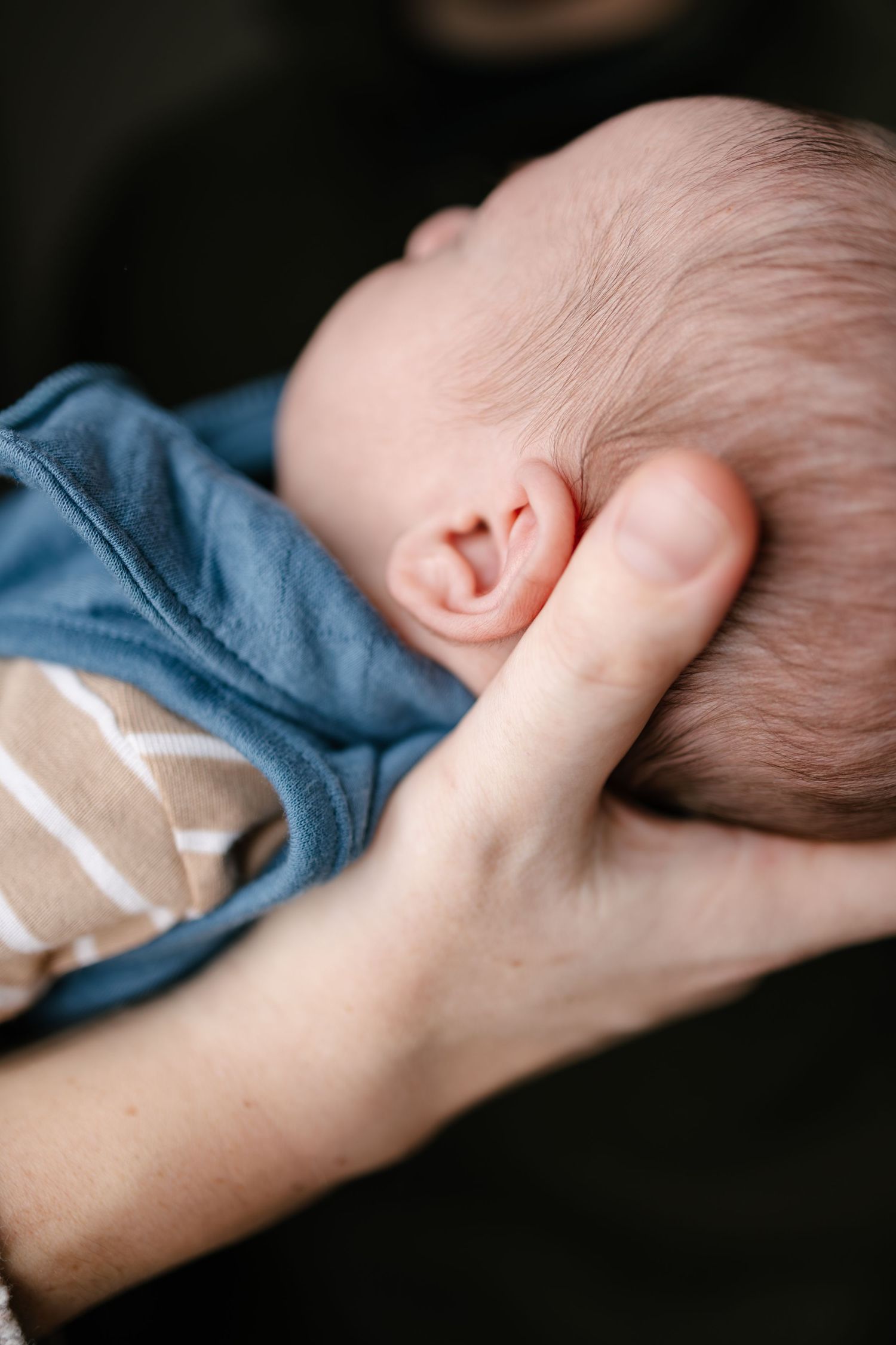 Close up of a sleeping baby's head resting in a parent's hand while wearing blue clothing during Twin Cities in-home newborn session.