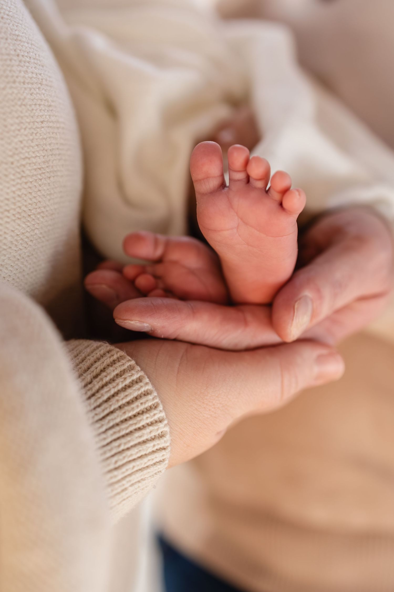 Close-up view of tiny newborn baby feet resting on soft beige knitted fabric captured by Woodbury newborn photographer.