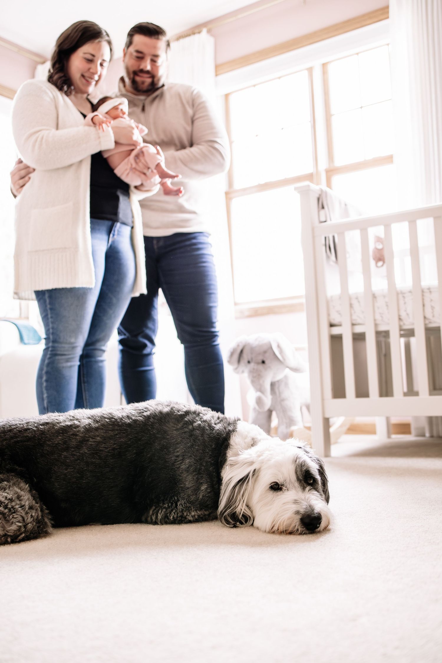 New parents smiling at their newborn baby in a nursery while their dog rests on the carpet nearby taken by Woodbury newborn photographer.