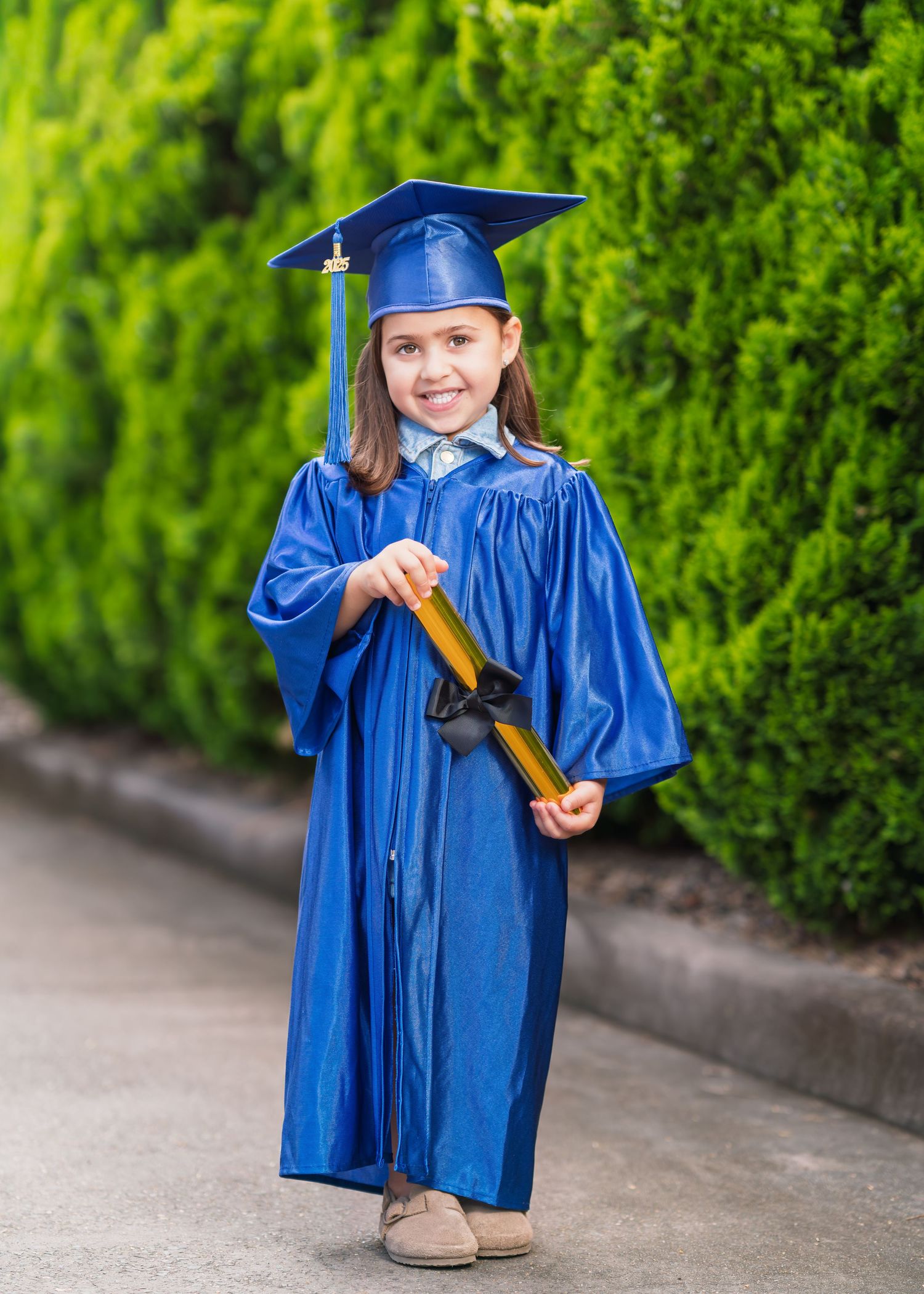 Young graduate in shiny blue cap and gown holds diploma while standing on pathway with green hedge background.