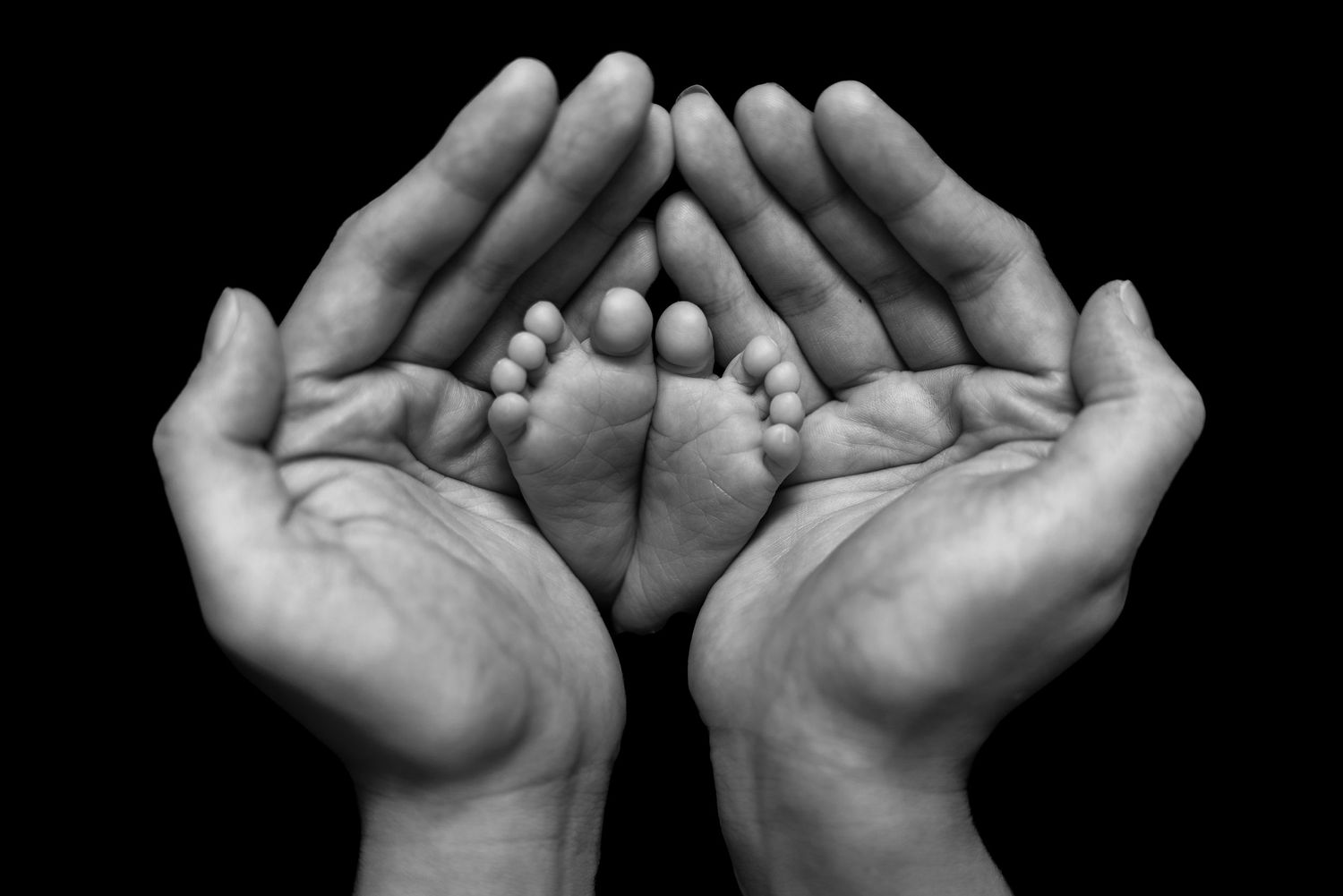 A tender black and white image of adult hands cradling tiny baby feet against a dark background.