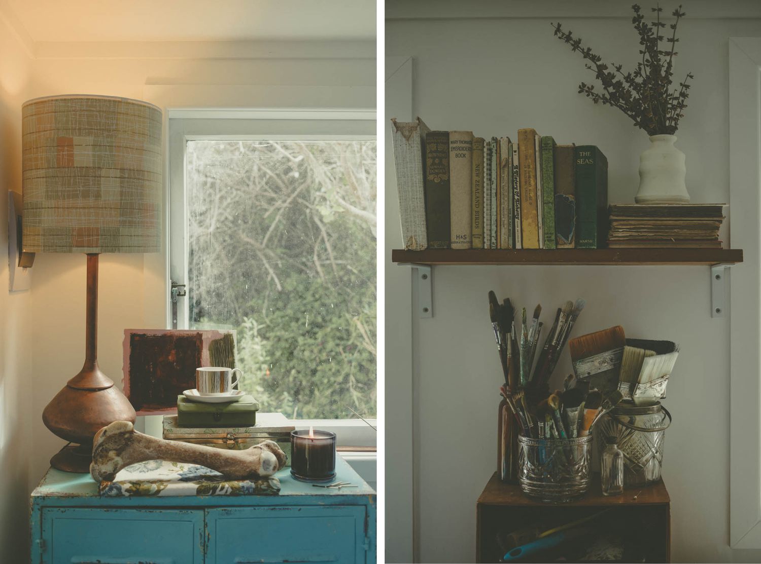 Vintage-style vignette of art supplies and books on shelves with warm lighting.
