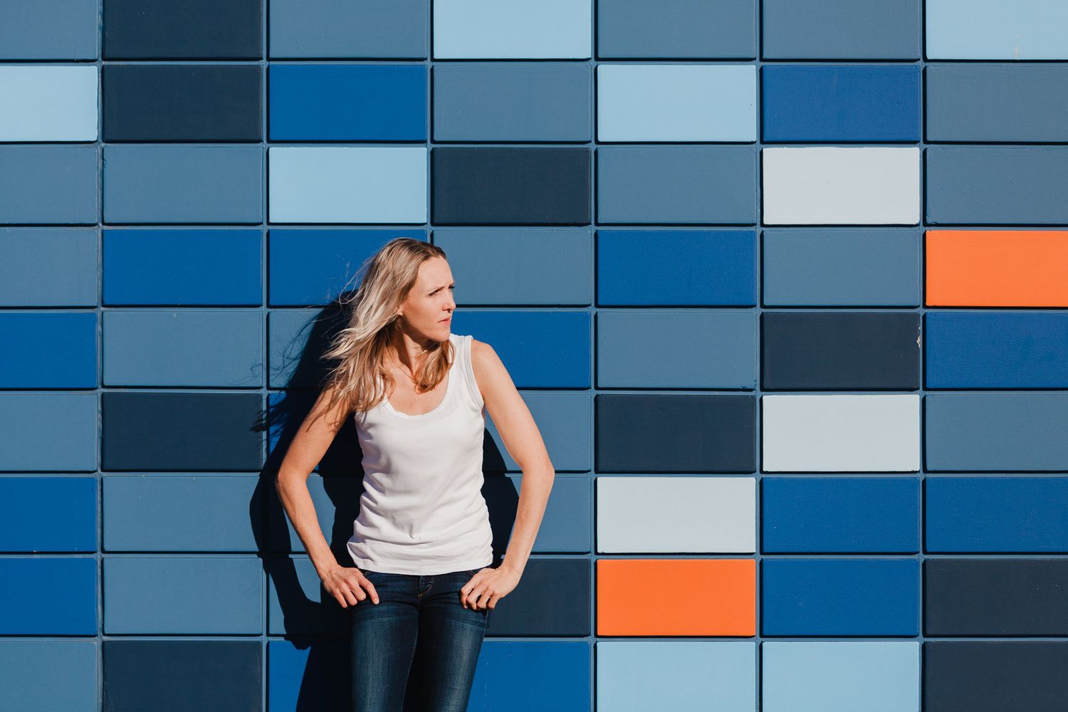 Modern geometric wall pattern featuring blue and orange rectangular tiles in a grid layout.