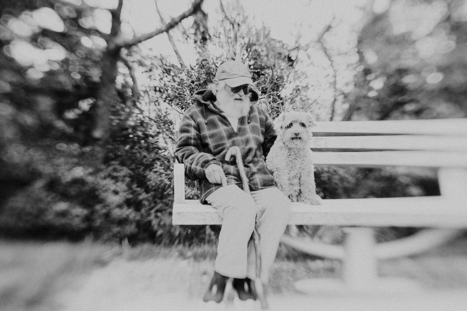 Black and white photograph of an elderly man sitting with his senior dog on a park bench.