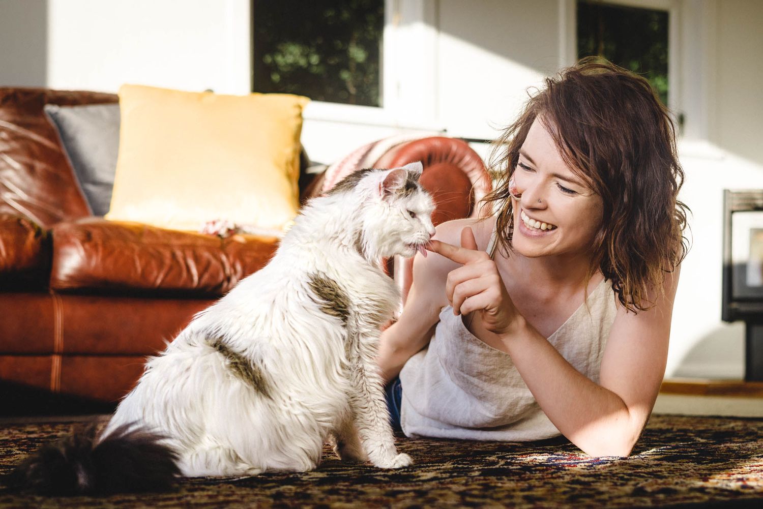 Cat and owner playing together by brown leather couch in living room.
