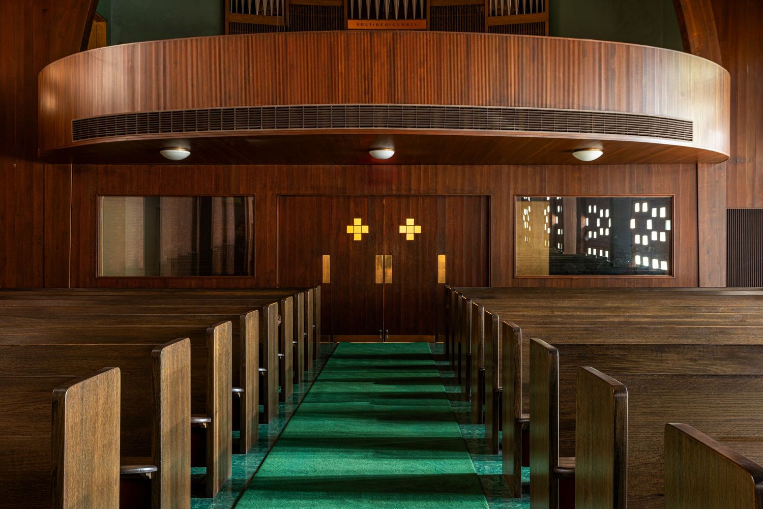 Wide shot of pews and doors, Zion Lutheran Church