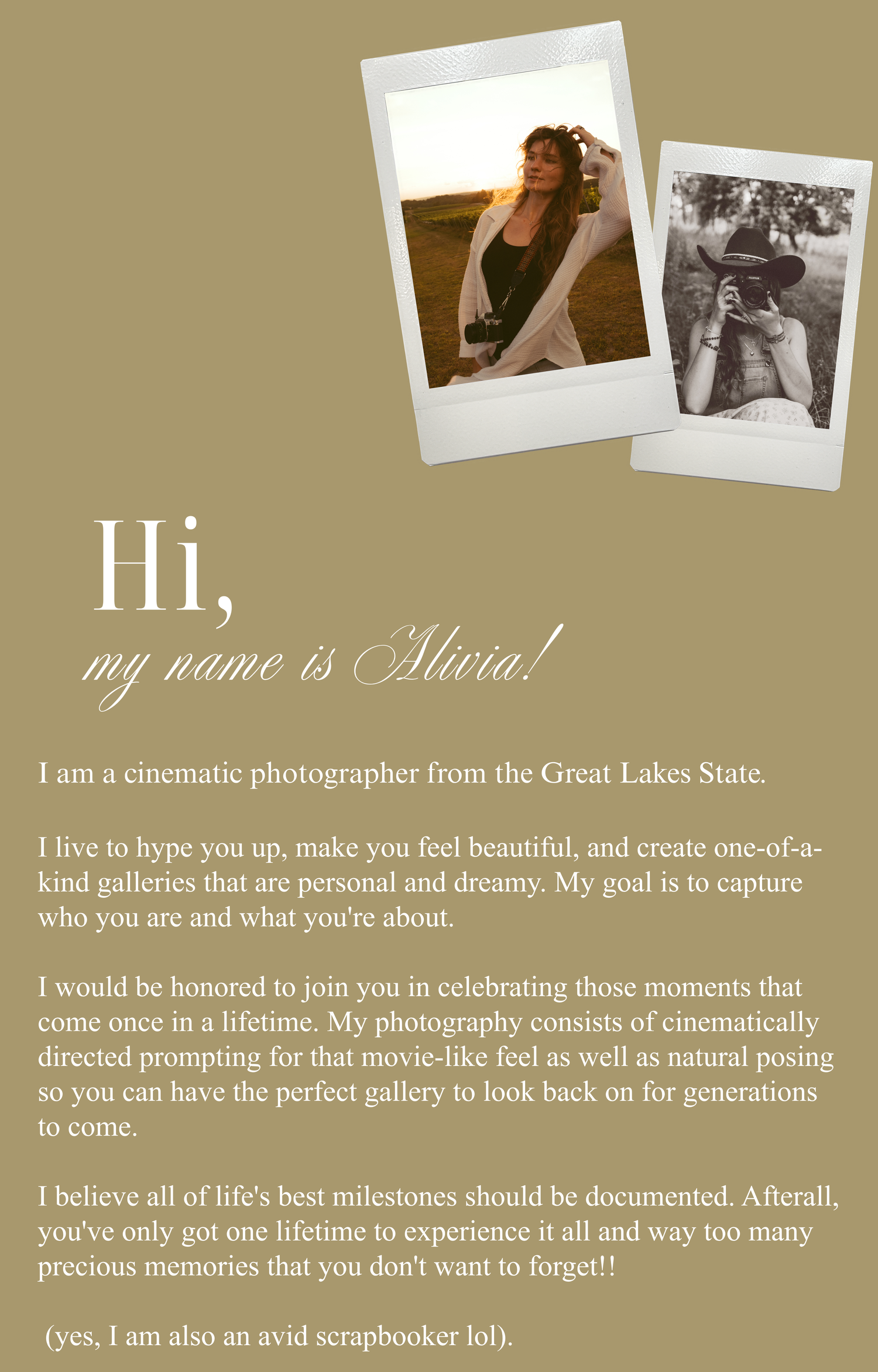 Cinematic portrait of a woman in a flowing outfit outdoors, alongside a vintage photo of a photographer with a camera.