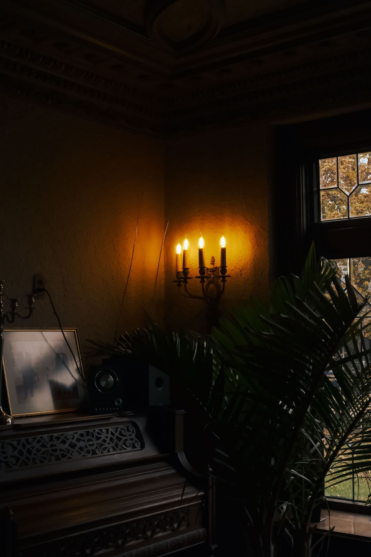 A moody interior scene with lit candelabra, antique piano and palm plant beside a window with filtered light.