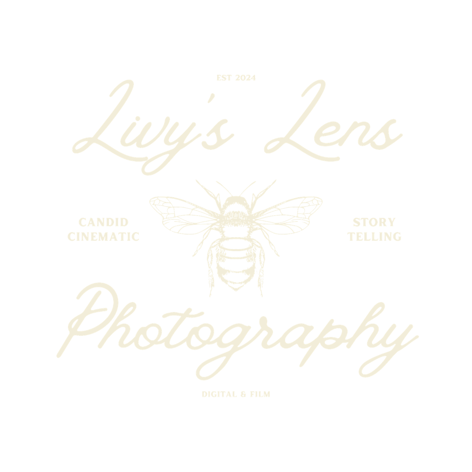 Lury's Lens Photography logo featuring a detailed honeybee illustration with elegant script text on white background.
