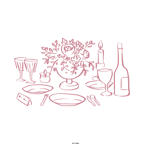 Line drawing illustration of a romantic table setting with wine glasses, plates, candles, and a floral centerpiece.
