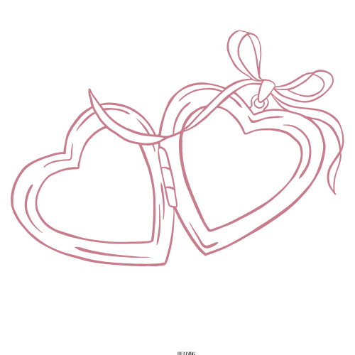 Simple pink line drawing of wedding bells with hearts and flourish decorative elements against white background.