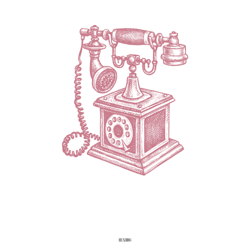 Vintage rotary telephone illustration in pink showing ornate antique design with curved handset and decorative base details.