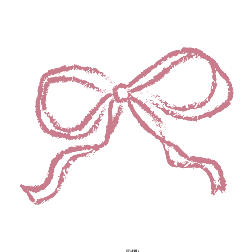 Hand drawn pink bow illustration with rough sketchy texture and flowing ribbons in a simple decorative style.