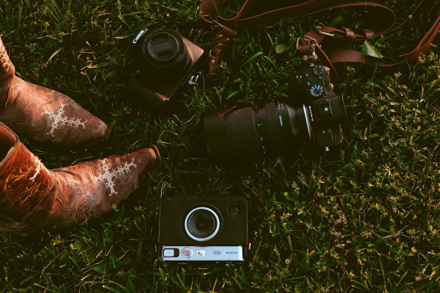 Brown leather boots rest scattered on a grassy lawn filled with small wildflowers and lush vegetation.