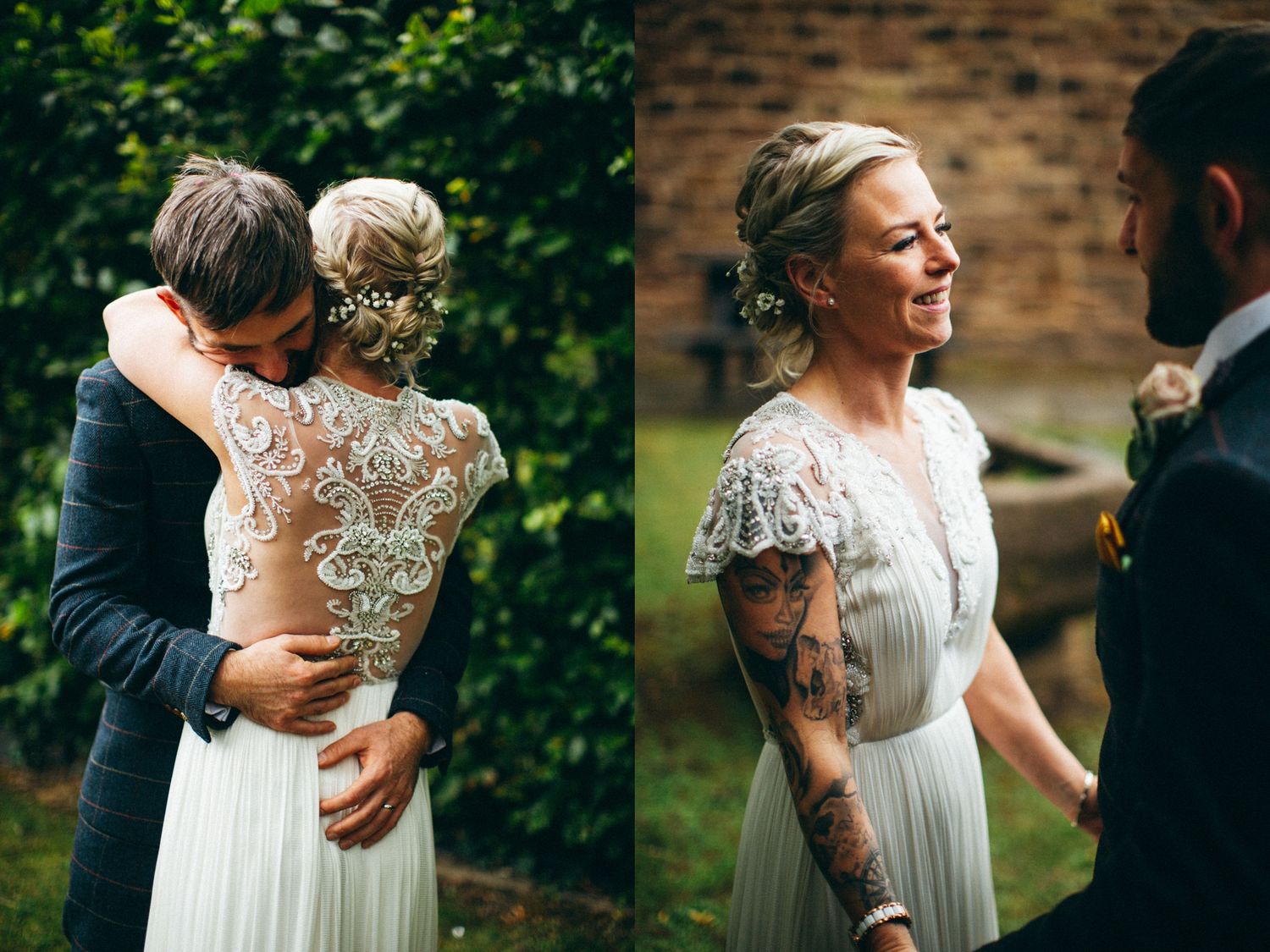 A romantic wedding photo series showing tender moments between a couple in a white dress and navy suit.