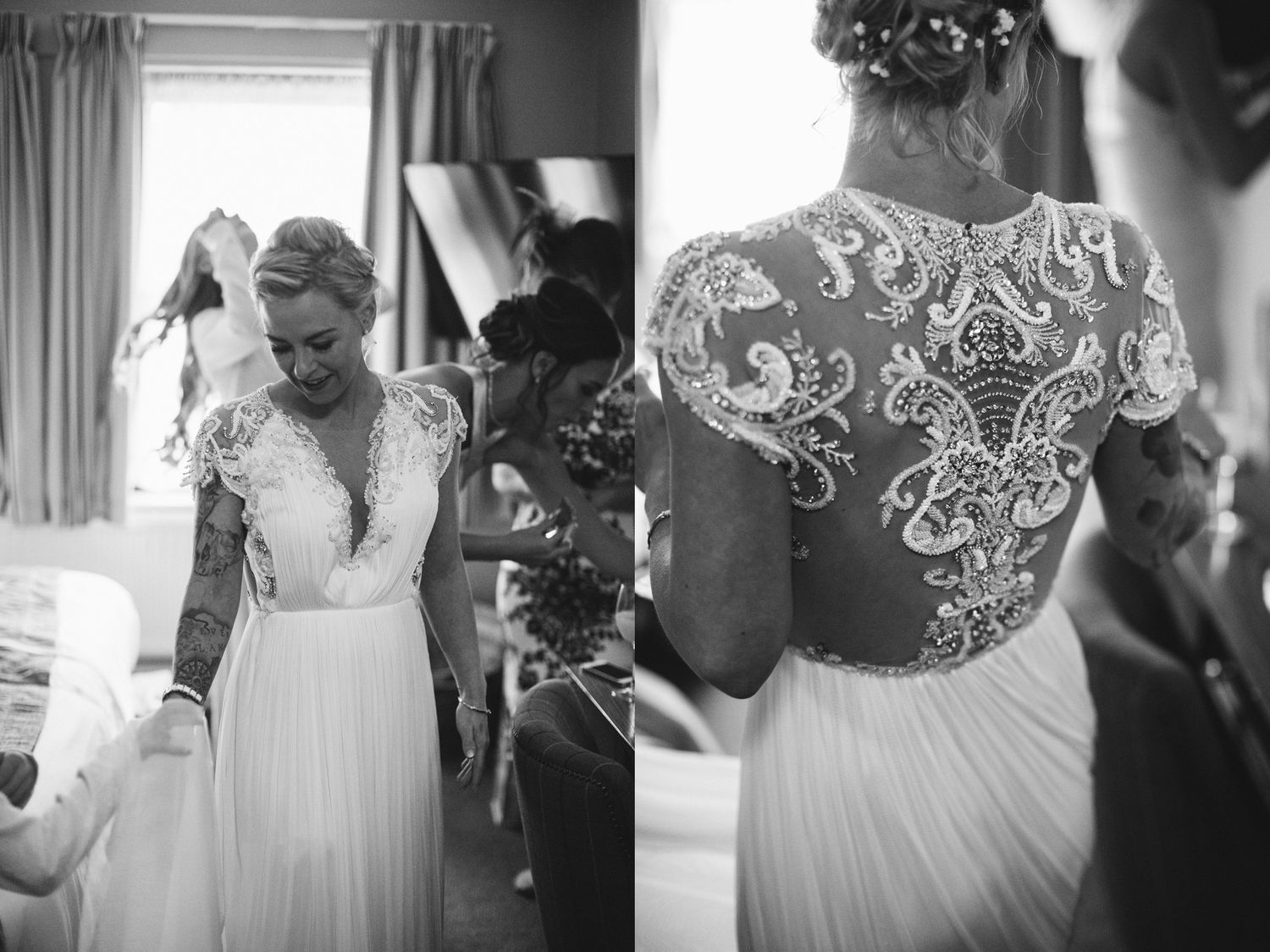 Black and white photos capturing intimate wedding preparation moments.