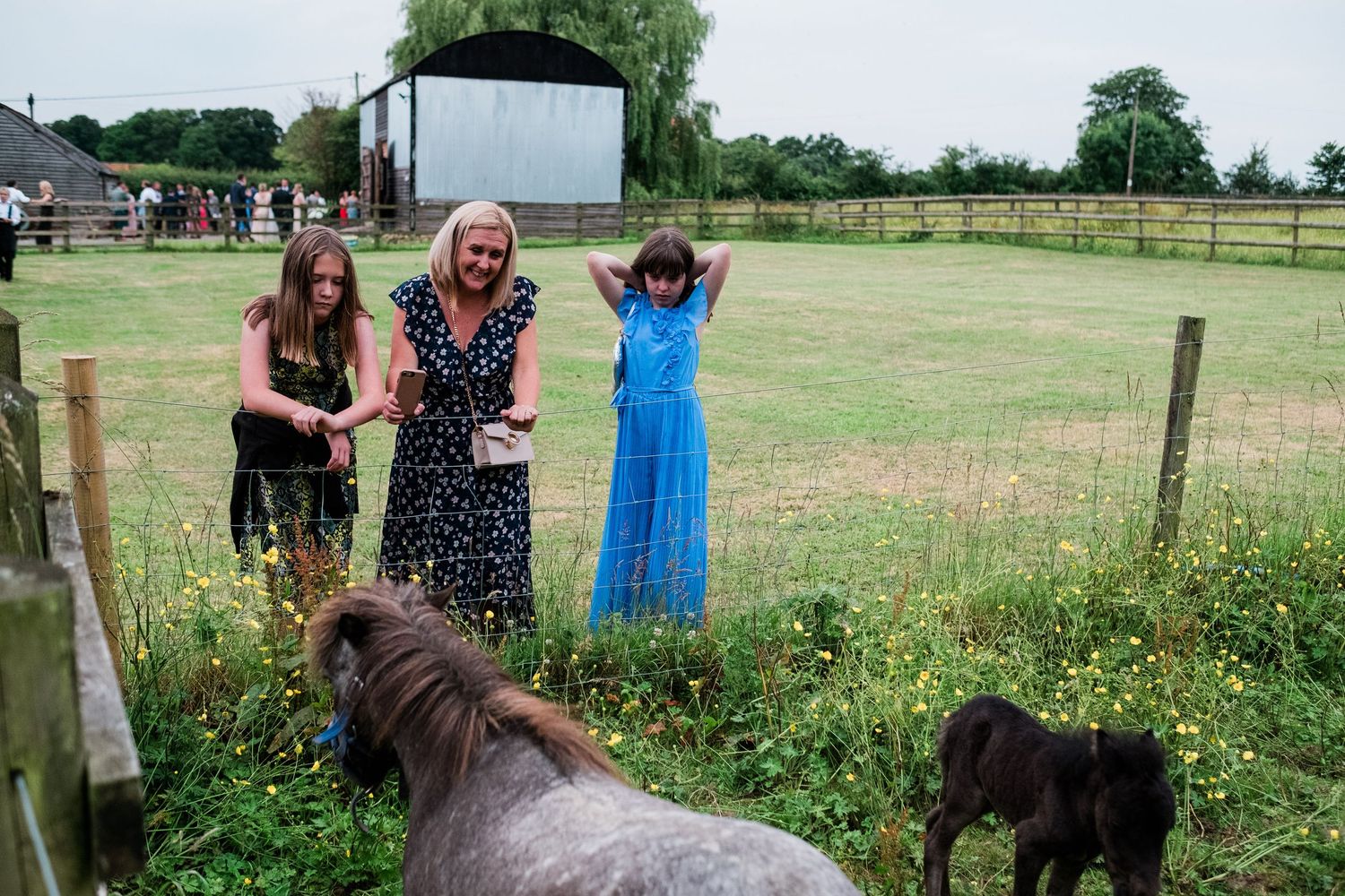 Green countryside landscape with wedding guests gathered near a rustic barn.