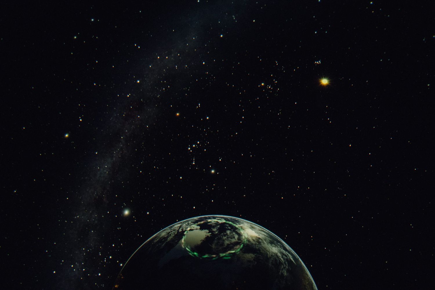 A stunning view of Earth from space surrounded by a star-filled galaxy and glowing celestial bodies in the dark cosmos.
