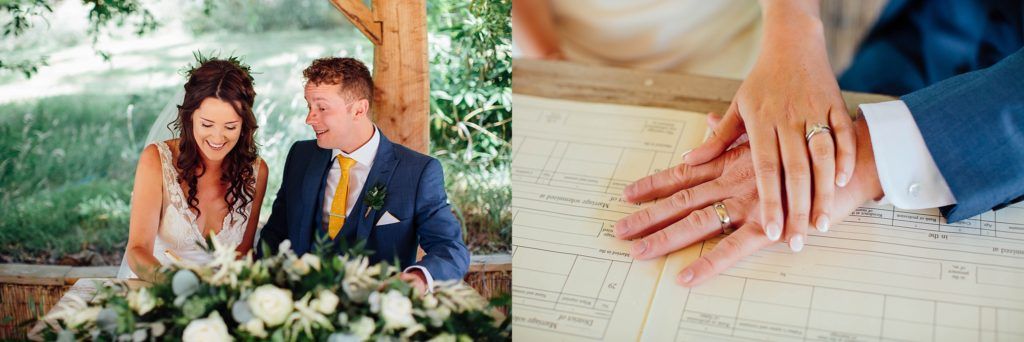 Wedding details including rings, flowers, and ceremony moments captured in a photo collage.