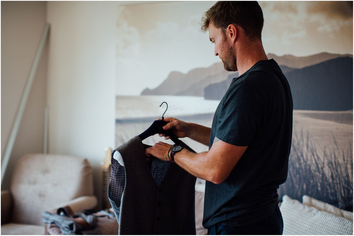 Wedding preparation scene with formal attire being readied.