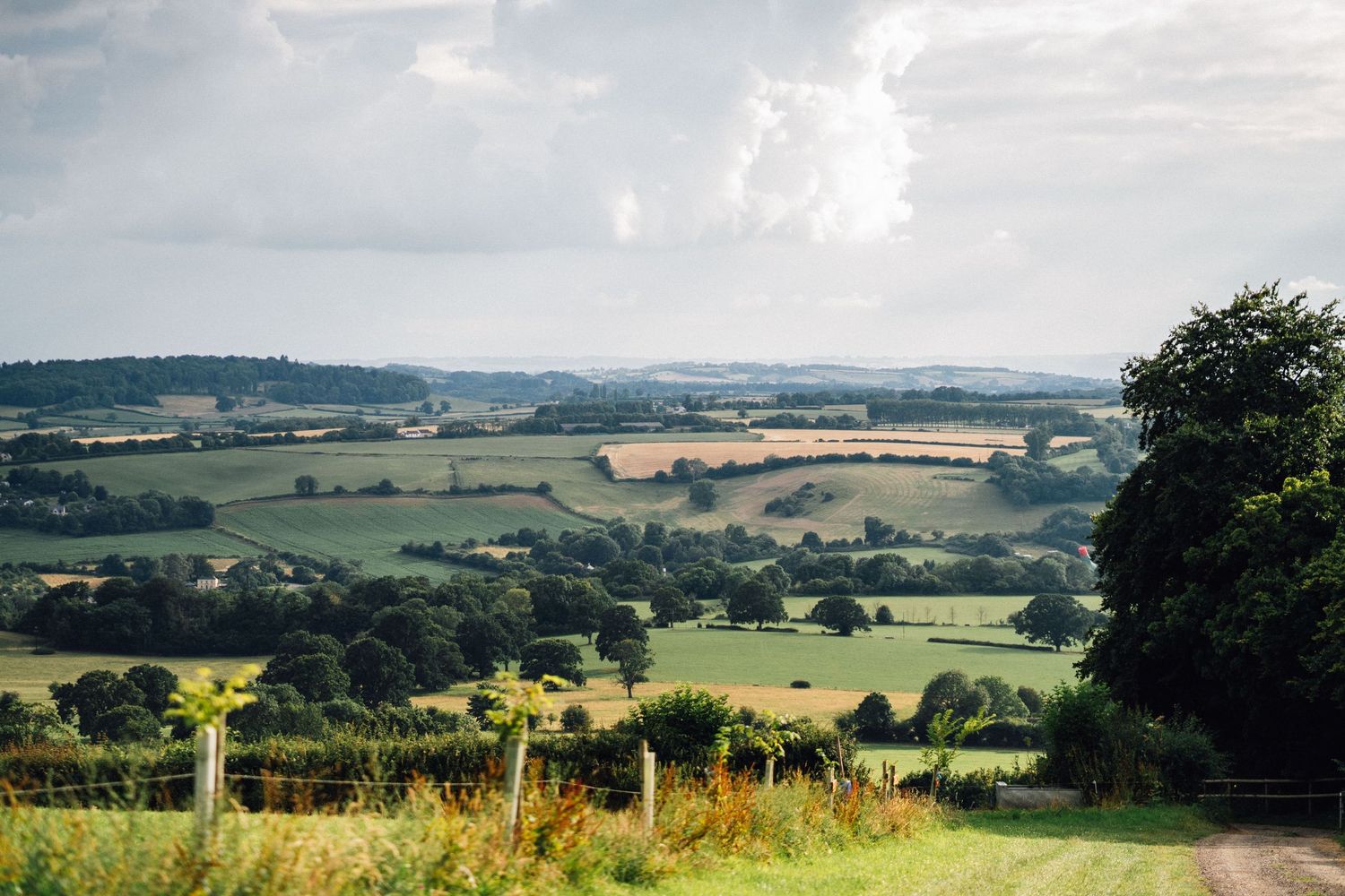 Rolling green countryside landscape with hills and farmland stretching to the horizon.