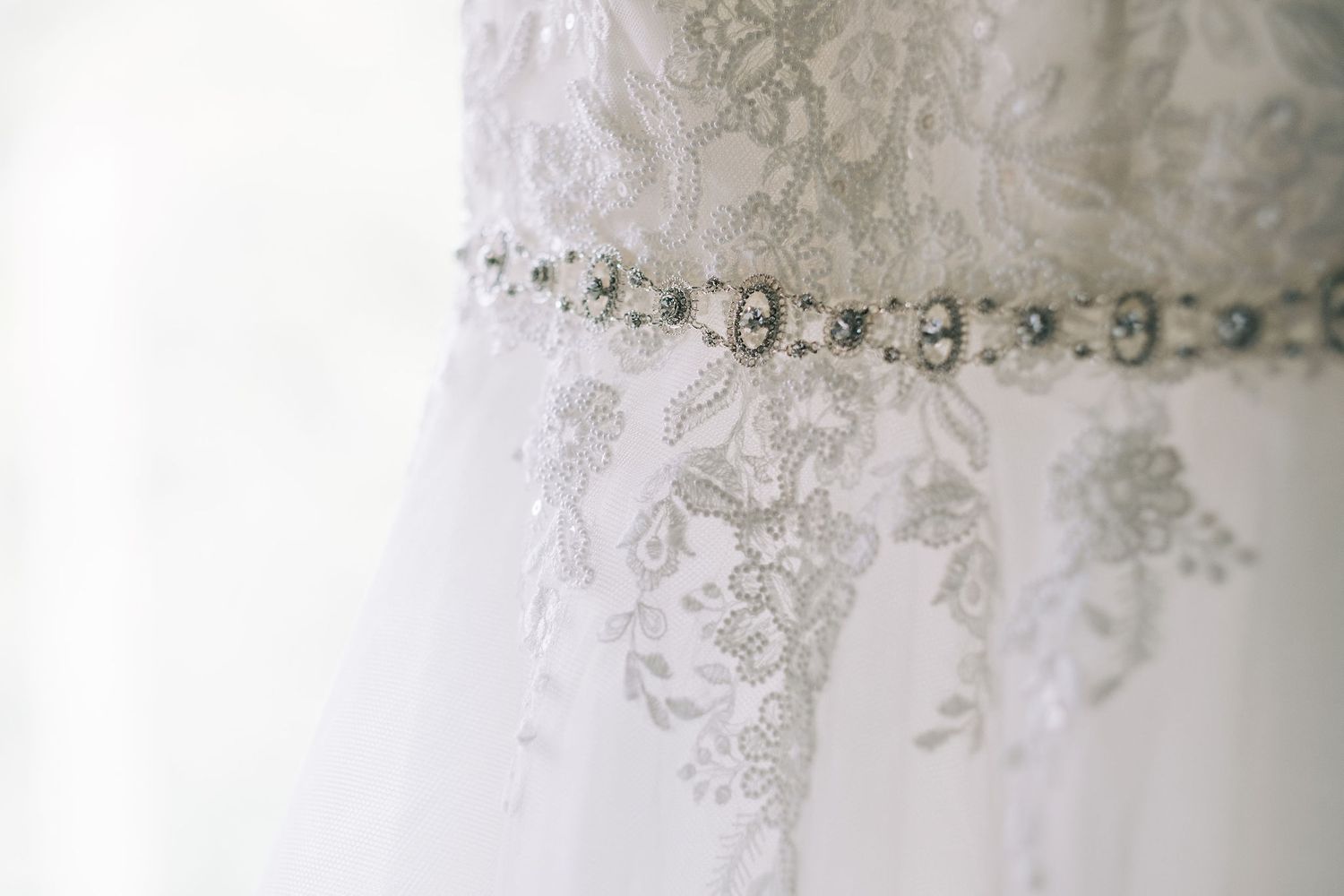 Close-up detail of delicate lace and beading on a white wedding dress.