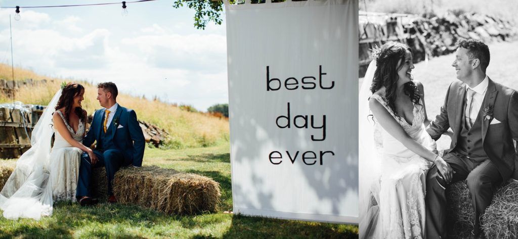 Wedding celebration text overlay on romantic outdoor photo collage.