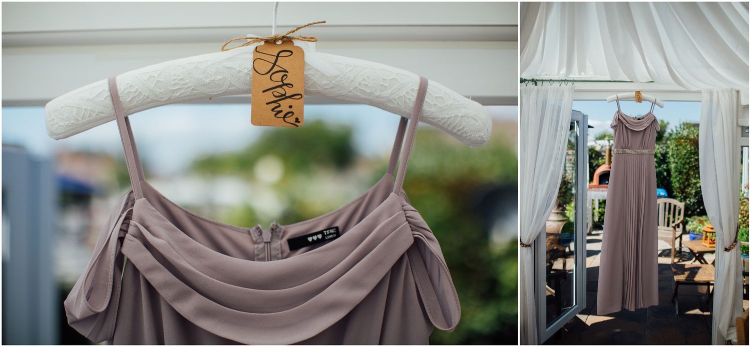 Wedding dress details hanging in sequence showing fabric and design elements.