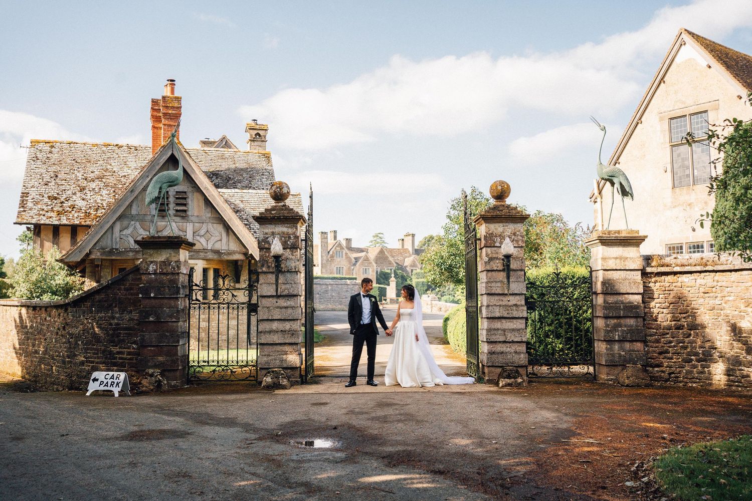 Stone buildings and rustic architecture create a charming backdrop for wedding photos.