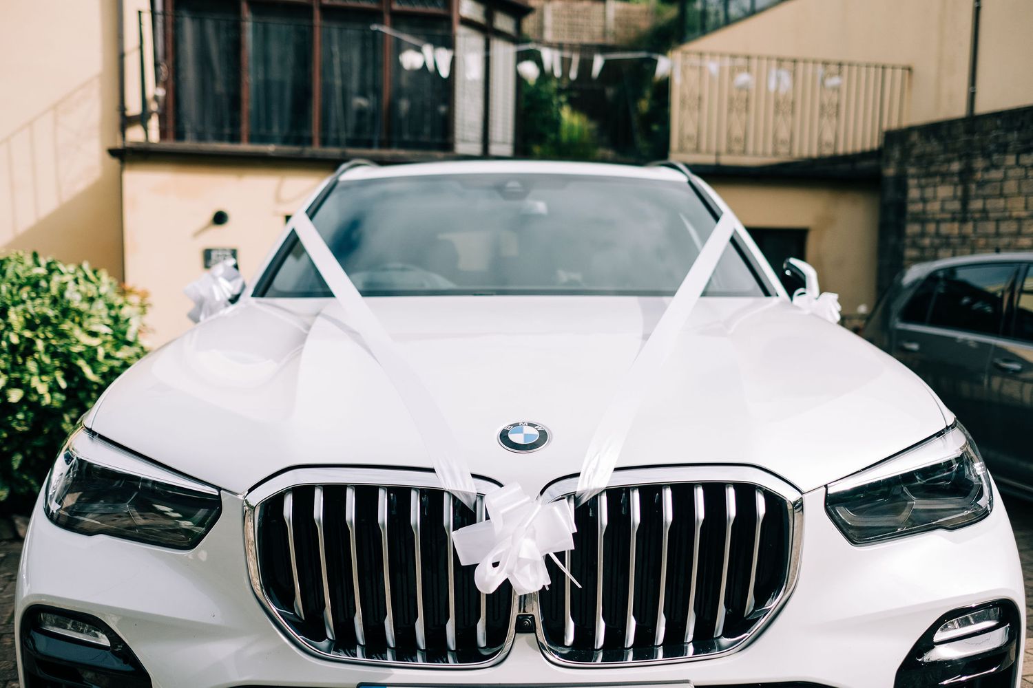 Line of white BMW luxury cars decorated with ribbons for a wedding.