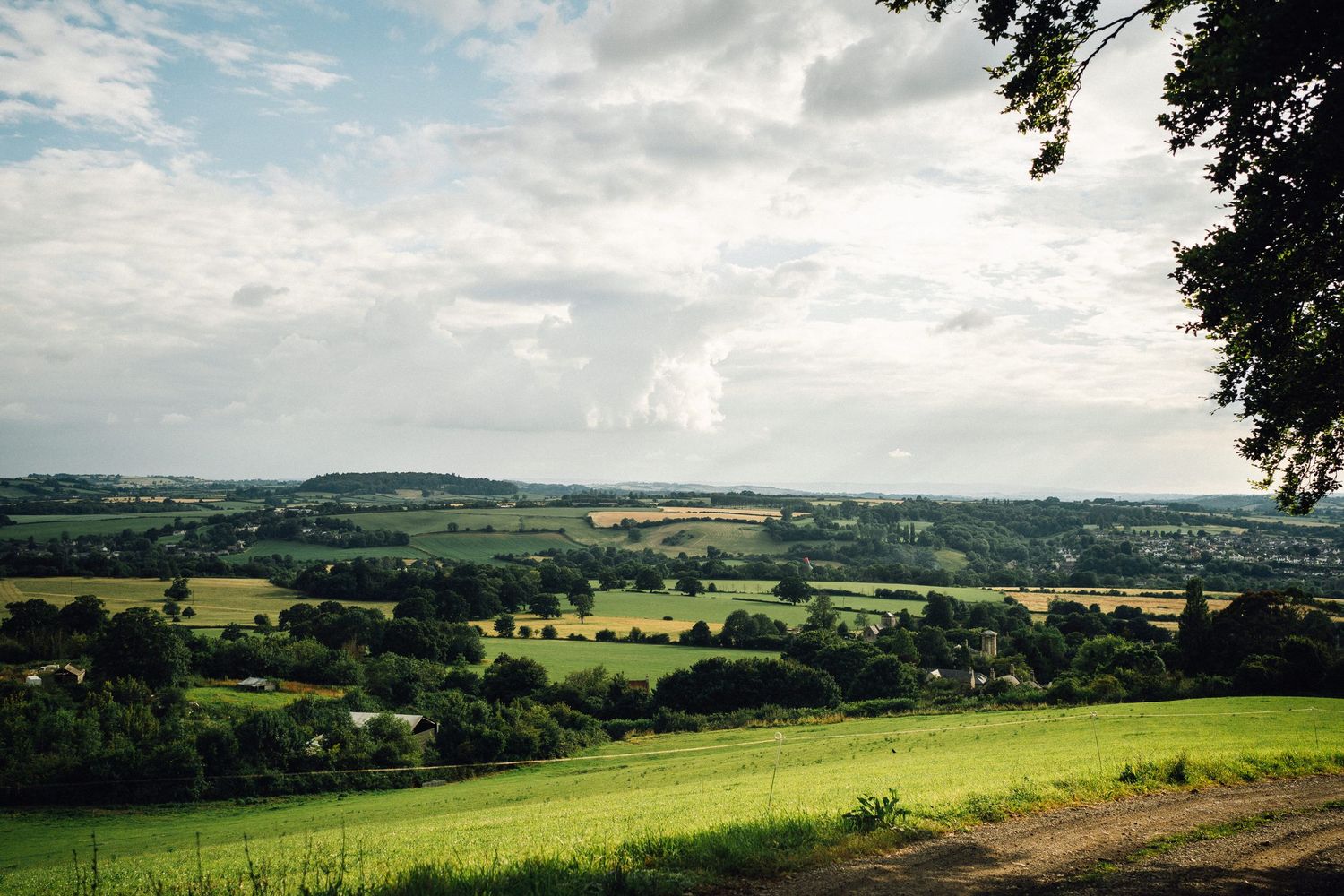 Panoramic view of rolling green countryside hills under cloudy skies.