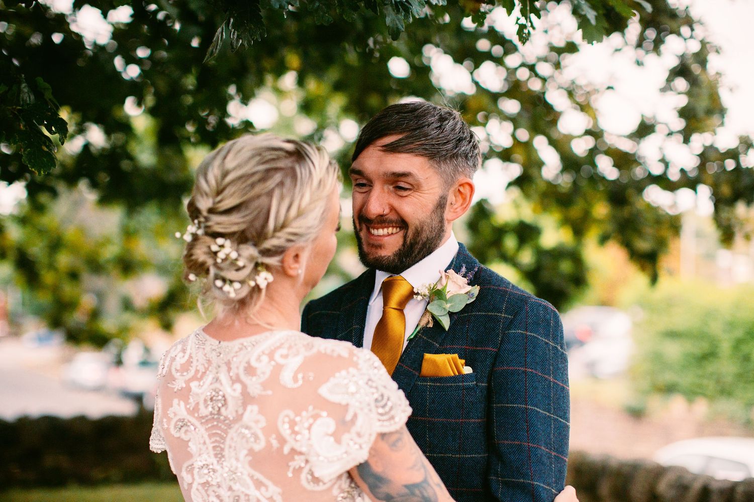 Candid wedding photos showing happy moments between newlyweds outdoors.