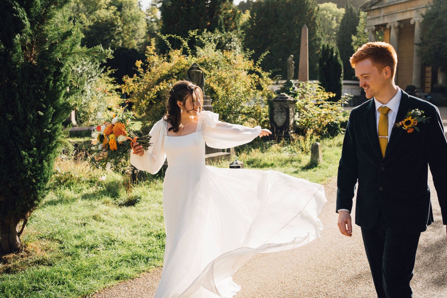 Newlyweds walk together through lush garden settings in a series of romantic wedding day moments.