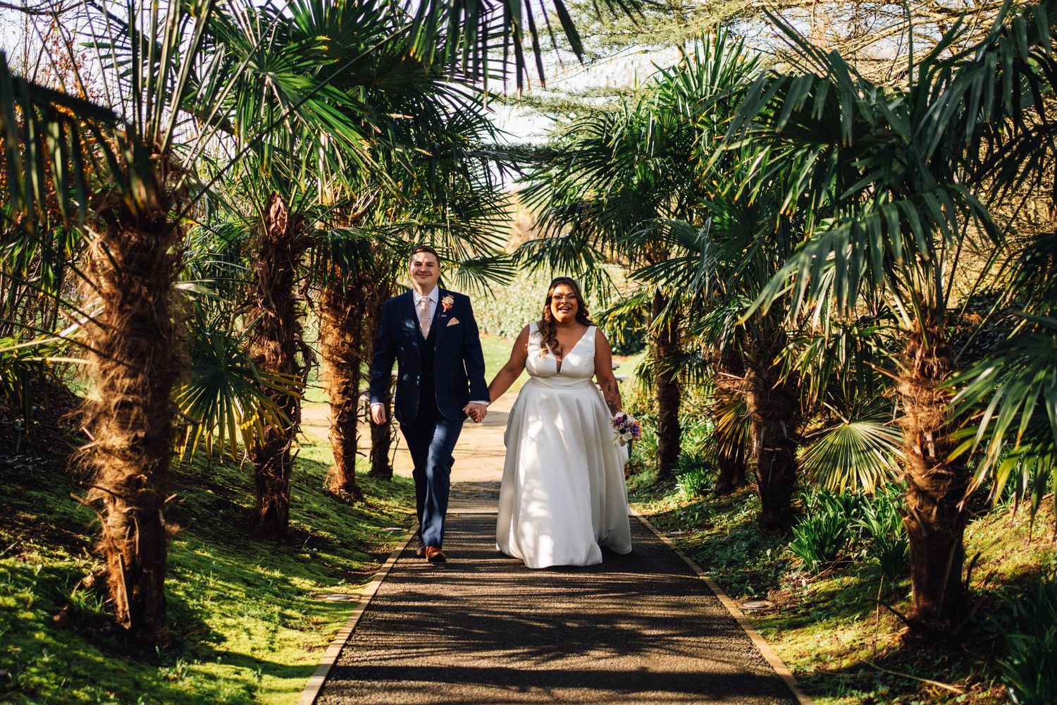Palm tree-lined pathway in a tropical garden setting during golden hour.