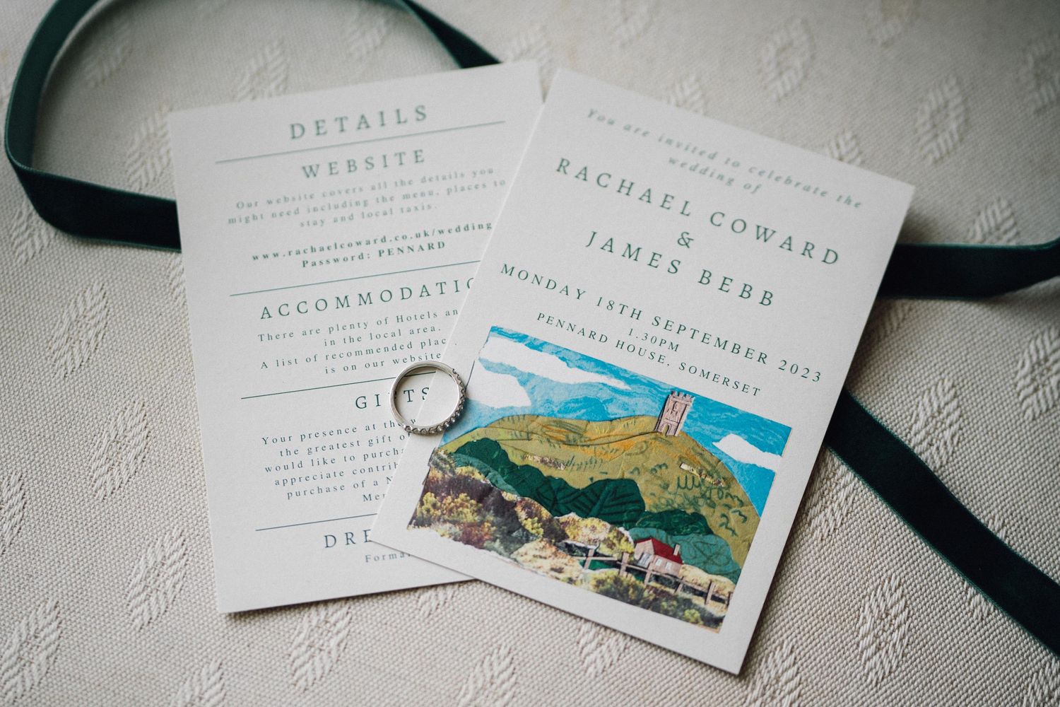 Wedding invitation suite featuring custom illustrations and elegant typography.