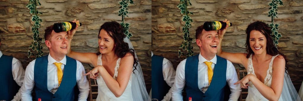 Two candid shots side by side of a couple sharing a joyful moment at their wedding.