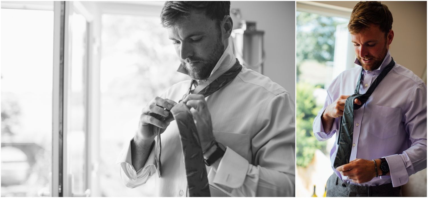 A split image showing a man adjusting his tie in both black and white and color photography.