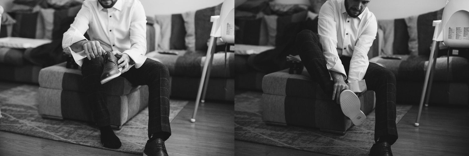 Two black and white images of a person sitting in contemplation on a chair.