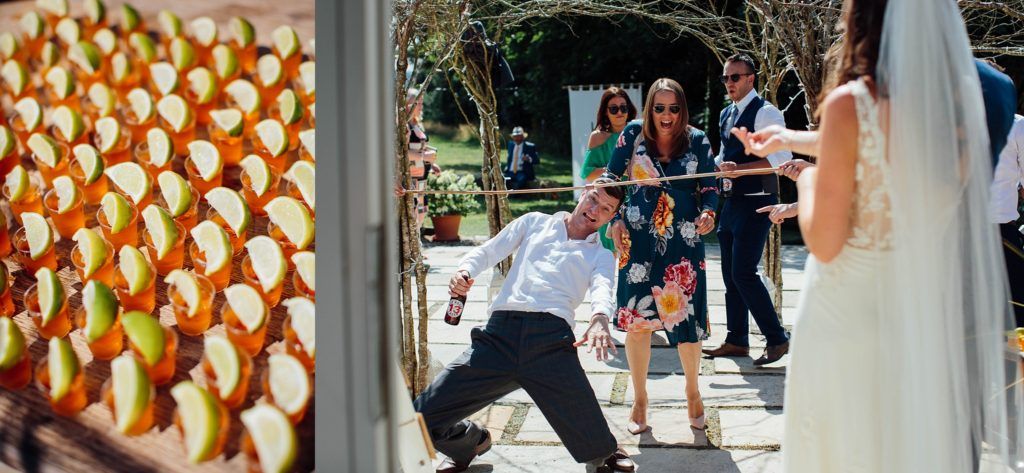 Rows of colorful appetizers displayed at an outdoor wedding reception.