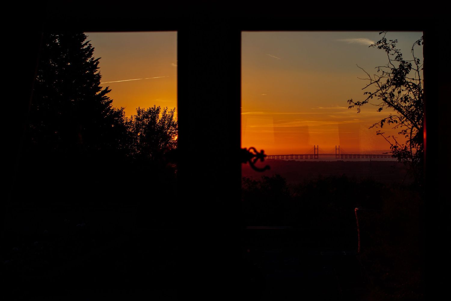 Silhouettes of trees and power lines against a vibrant orange and purple sunset sky.