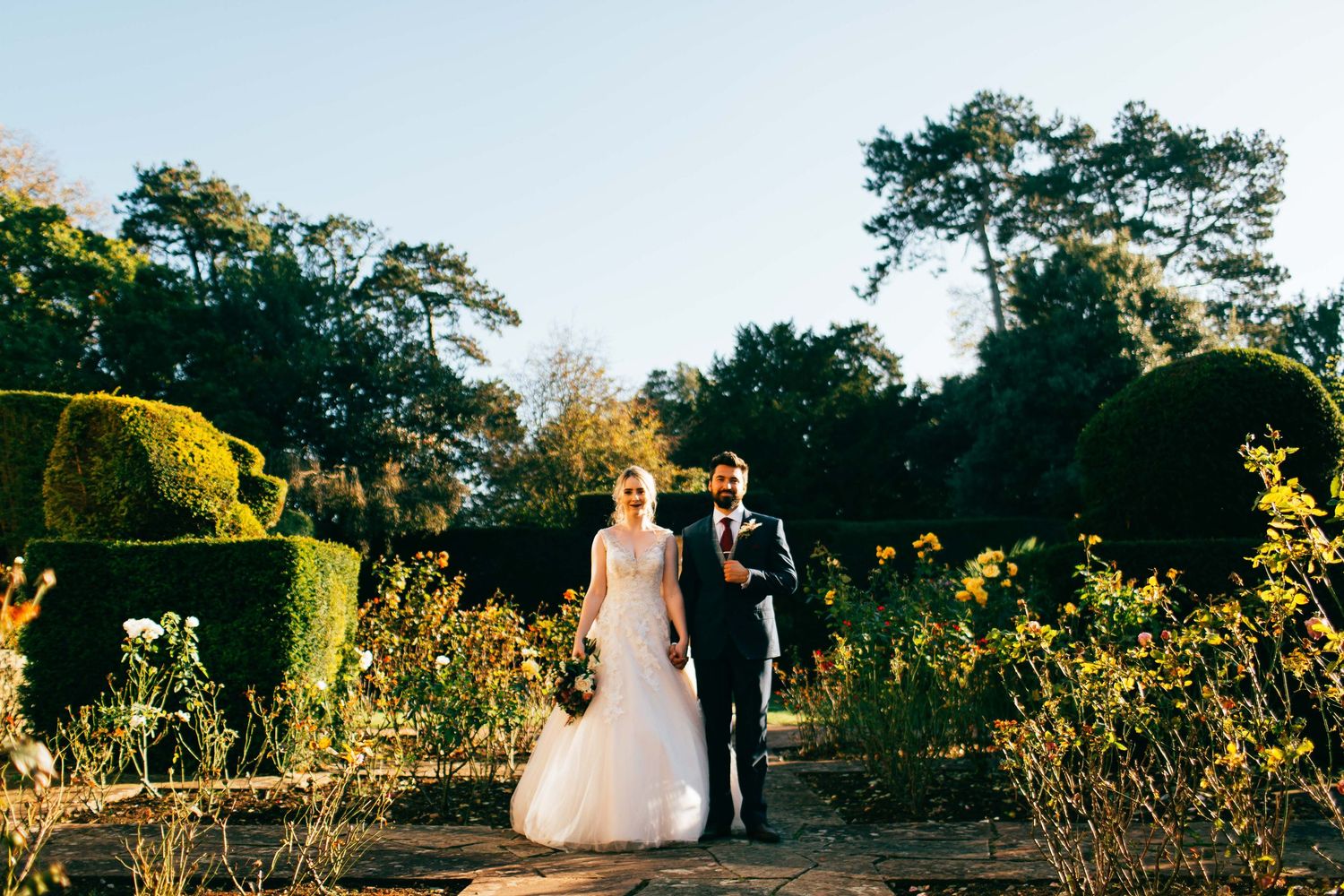 Wedding couple stands in a garden path lined with blooming yellow flowers during golden hour.