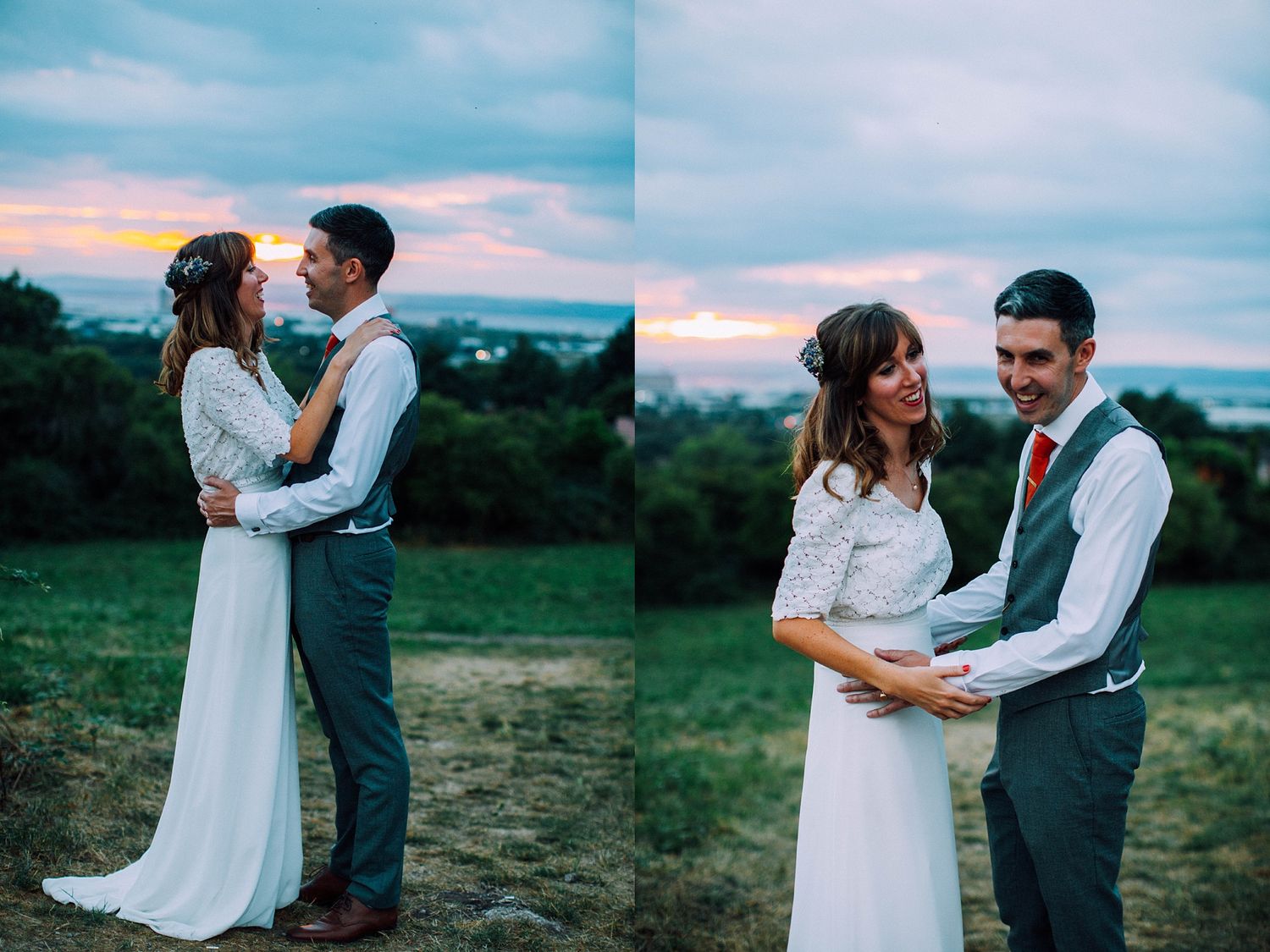 A romantic sunset wedding photoshoot split into two intimate poses in a field.