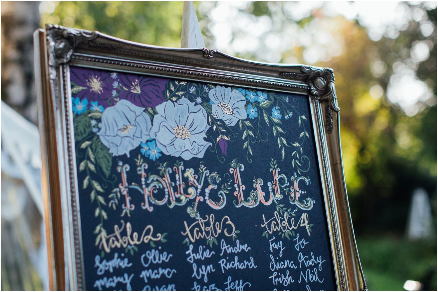 Decorative chalkboard sign with elegant white lettering at a wedding.