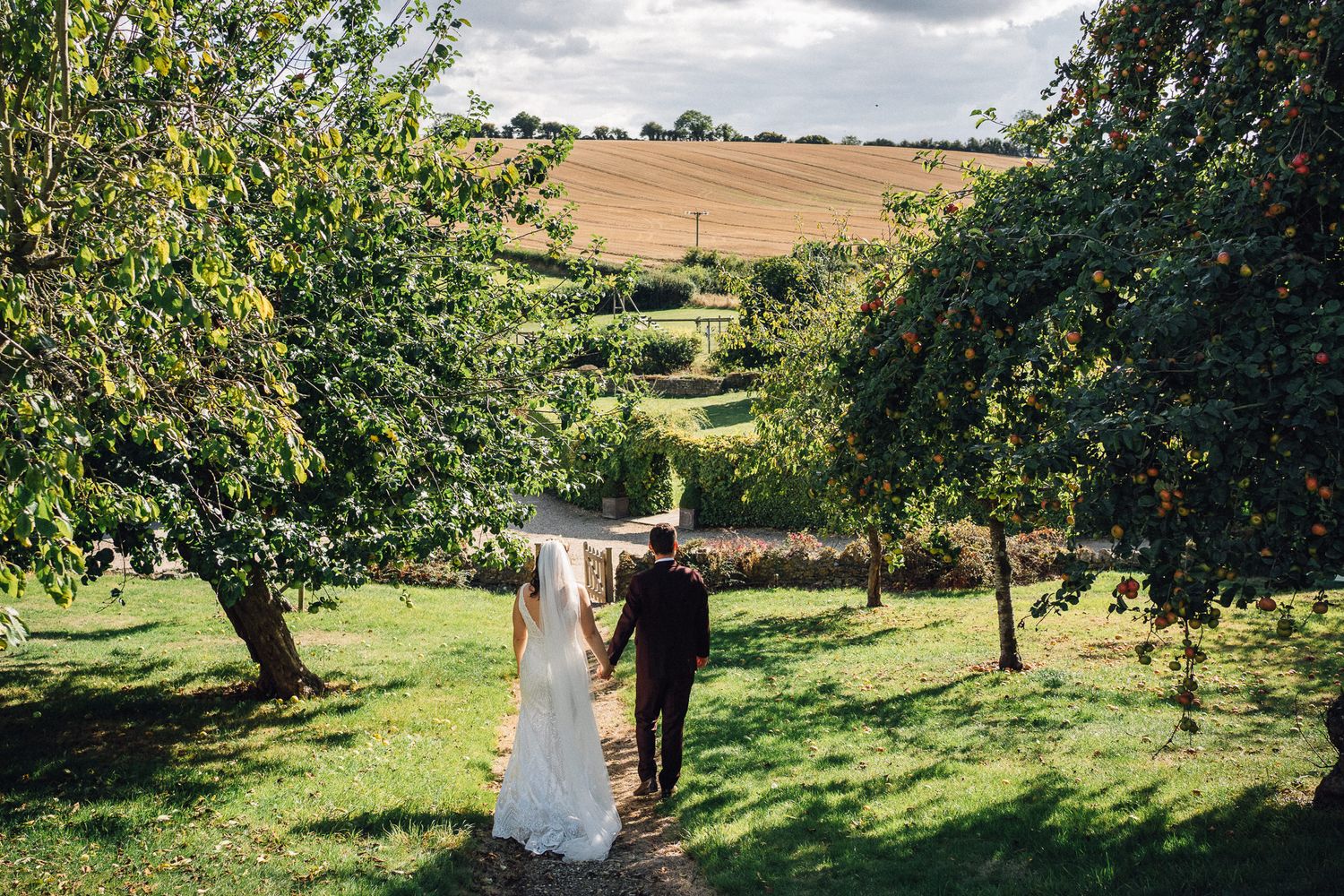 Newlywed couple walks hand in hand through a sunlit orchard with rolling hills in the background.