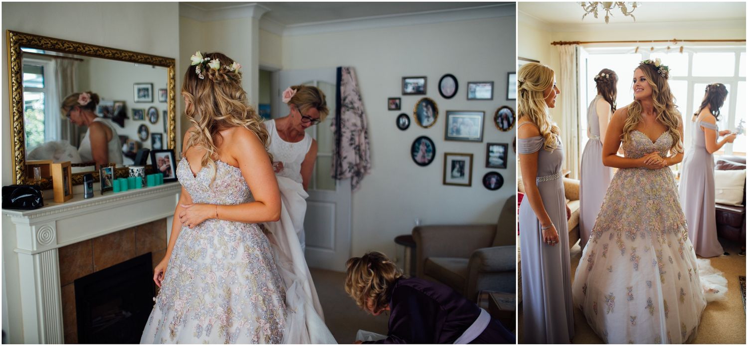 Intimate getting ready moments captured in mirrors and natural light.