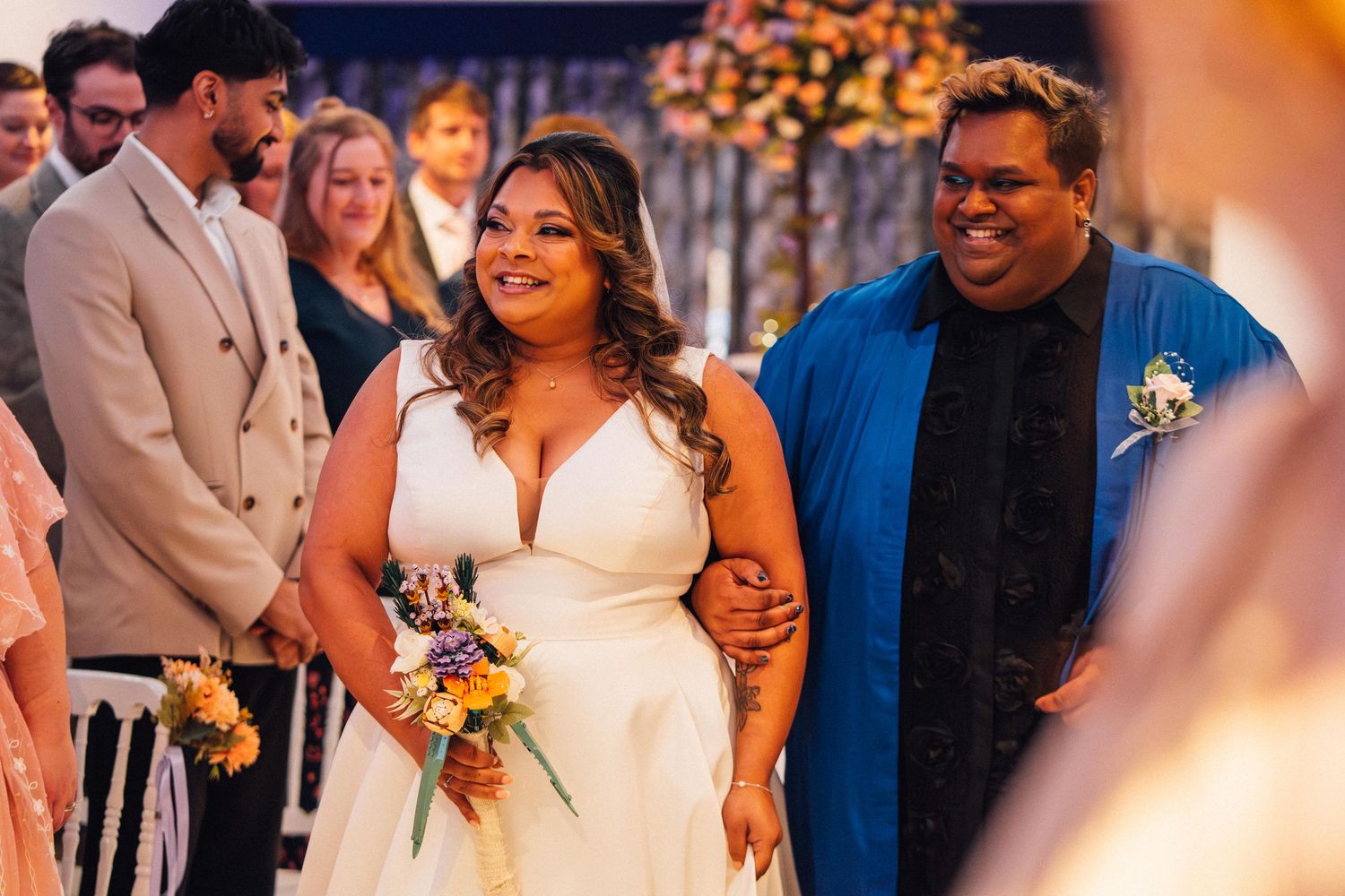 A series of candid wedding reception moments showing dancing and celebration in warm lighting.